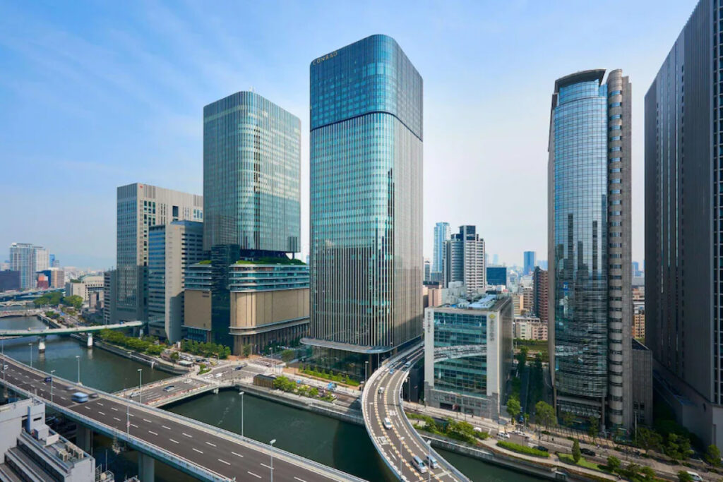 Panoramic Osaka skyline view from Conrad Osaka luxury hotel