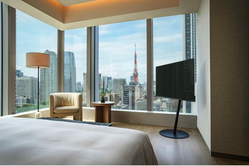 Luxury guest room at Hotel Toranomon Hills Tokyo skyline view
