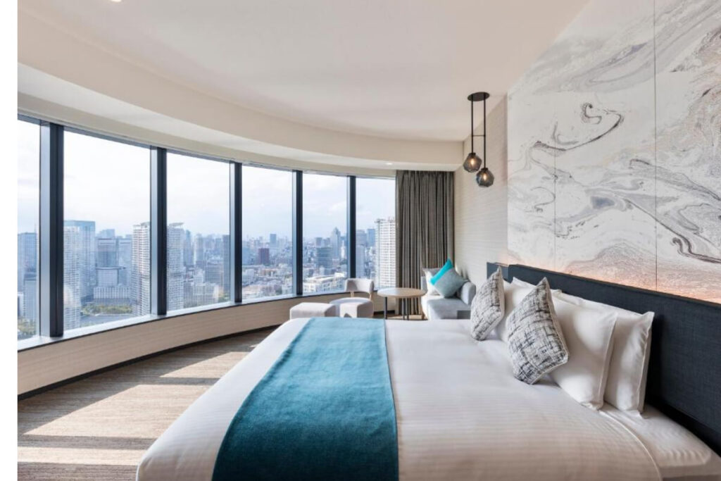 Guest room at Mitsui Garden Hotel Toyosu Premier Tokyo with city skyline view