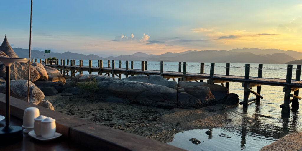 Golden sunset view over the South China Sea from L'Alya Ninh Van Bay Vietnam honeymoon resort